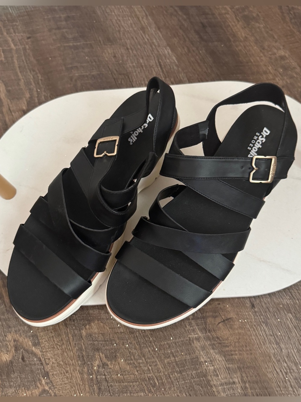 Dr. Scholl's Black Strappy Wedge Sandals with Gold Buckle Accent